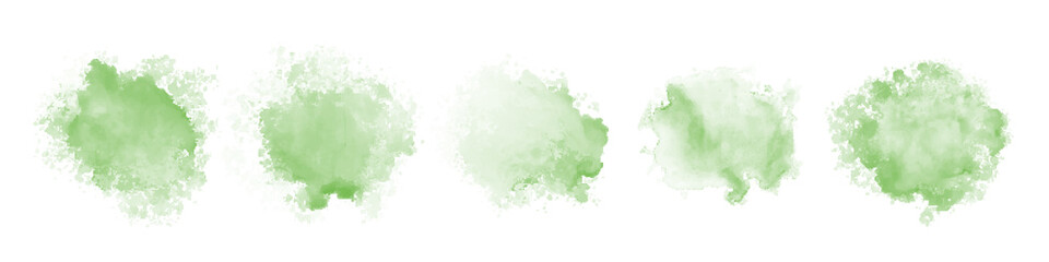 Set of abstract green watercolor water splash on a white background. Vector watercolour texture in salad color. Ink paint brush stain. Green splatters spot. Watercolor pastel splash