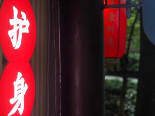 Closeup shot of hieroglyphs on a traditional Chinese lantern in the park