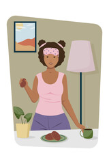 A young woman in homemade clothes and wearing a sleep mask is having breakfast with coffee and cookies. Vector illustration