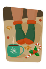 A Christmas card with the feet of a young woman in warm socks, a cup of coffee or tea, a lollipop stick. The concept of a holiday and rest. Vector illustration