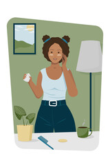A postcard on which a young woman applies cream to her face. Vector illustration