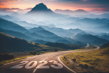 New year 2023, Concept photo written on the road in the middle of asphalt road at morning, A conceptual photo of the path leading to a bright future, 3d illustration. - obrazy, fototapety, plakaty