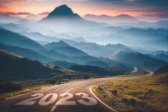 New Year 2023, Concept Photo Written On The Road In The Middle Of Asphalt Road At Morning, A Conceptual Photo Of The Path Leading To A Bright Future, 3d Illustration.