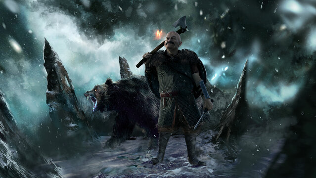 A bald Viking dwarf in chain mail armor stands on snow-covered mountains and holds an axe and a dagger. behind him is a trained scary bear. he looks at the magic glowing butterfly and smiles. 2D art