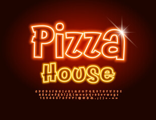 Vector Neon sign Pizza House. Funny Orange Alphabet Letters and Numbers set. Bright Electric Font.