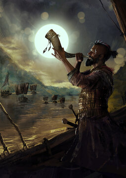 a beautiful heroic Viking in plate armor stands on a ship and honks a horn decorated with precious stones. dragon boats sail behind him against the background of the moon and green mountains. 2D art