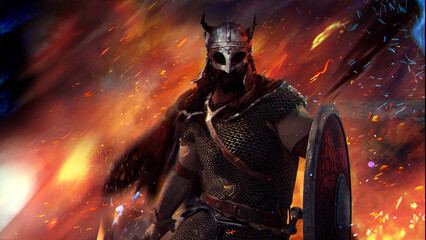 A Viking in a helmet with horns and chain mail armor holds a flaming sword and a round shield in his hand. he stands on the battlefield surrounded by flames, magical fireflies and sparks. 2D art
