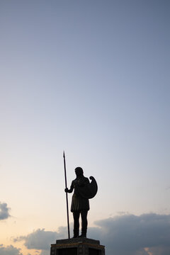 Amazon woman statue silhouette at sunset in Samsun, Turkey.