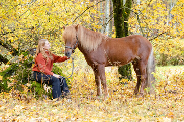 Young woman sitting on the rock under yellow maple tree with Icelandic horse