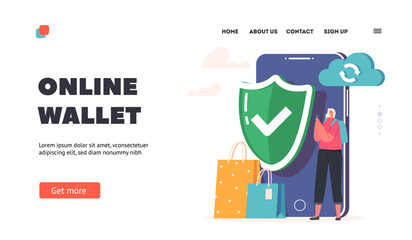 Online Wallet Landing Page Template. Female Customer Stand at Huge Smartphone with Shield and Cloud for Safe Paying