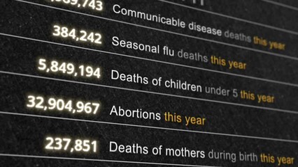 World HEALTH data changing in real time World statistics live
Global health data changing. Diseases, flu, death children, abortions, HIV AIDS, cancer, malaria, smoking, cigarettes, alcohol, suicide, i