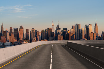Fototapeta na wymiar Empty urban asphalt road exterior with city buildings background. New modern highway concrete construction. Concept of way to success. Transportation logistic industry fast delivery. New York. USA.