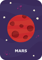 Mars. Space flashcards for kids. Vector illustrations of solar system planets with their names.