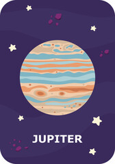 Jupiter. Space flashcards for kids. Vector illustrations of solar system planets with their names.