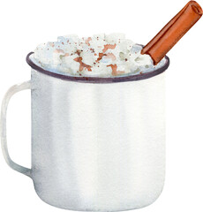 Hand drawn watercolor cocoa in a white cup with marshmallows and cinnamon