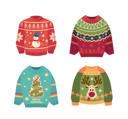 Set Of Cute Ugly Christmas Sweaters With Snowman, Deer And Xmas Tree. Blue, Red And Green Winter Jumpers Illustration