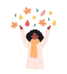 Black woman greeting autumn season. Happy woman playing with autumn foliage. Hello autumn. Hand drawn vector illustration