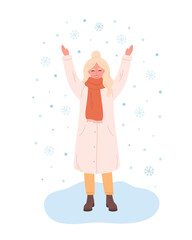Woman greeting winter season. Happy woman playing with snowflakes. Hello winter greeting card. Winter time. Hand drawn vector illustration