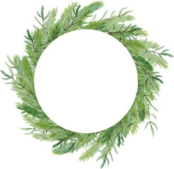 Watercolor winter frame with hand drawn  thuja and fir branch.