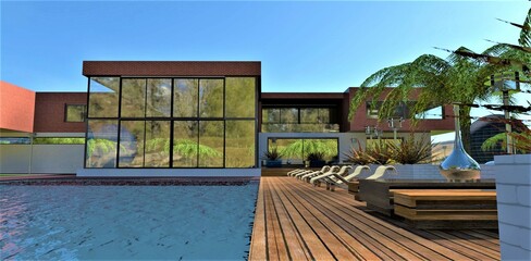 Terrace board with beige slippers near the pool in front of a luxury luxury house with a glass facade. Bright cloudless sky. To the right is a palm tree and a table with a metal vessel. 3d rendering.
