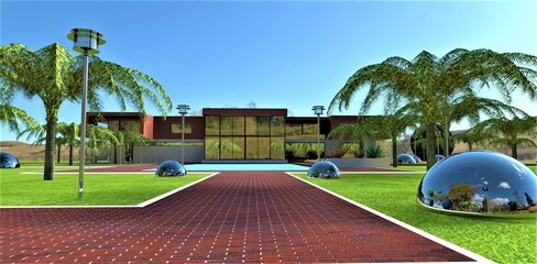 Fototapeta premium The road is paved with red brick through a green lawn and a recreation area with a swimming pool to a wonderful private estate in an ecologically clean place. 3d rendering.