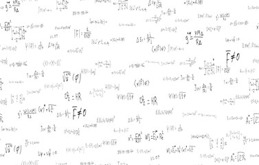 Formulas of astrophysics, quantum mechanics, radio circuits. Scientific, educational background on white. Hand drawn.