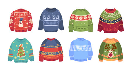 Fototapeta na wymiar Set Of Knit Sweaters For Christmas Party. Cozy Warm Jumpers Collection With Snowman, Reindeer, Spruce And Snowflakes