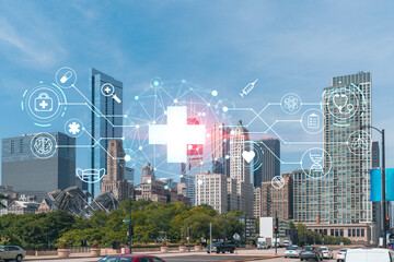 Chicago skyline, Butler Field towards financial district skyscrapers, day time, Illinois, USA. Parks and gardens. Health care digital medicine hologram. The concept of treatment and disease prevention
