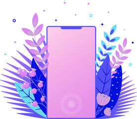 An empty smartphone screen in vertical orientation with leaves and plants. Vector illustration
