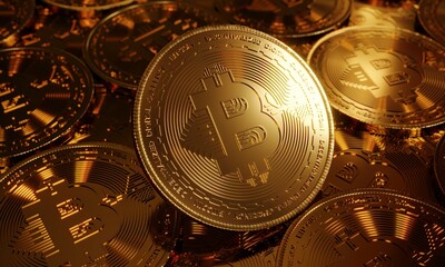 Background 3d clean illustration of gold coins with bitcoin sign
