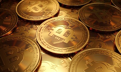 Background 3d clean illustration of gold coins with bitcoin sign