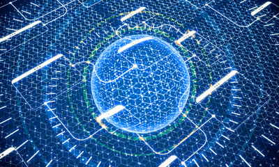 3d illustration block chain crypto nft 3d render blue tech globe background