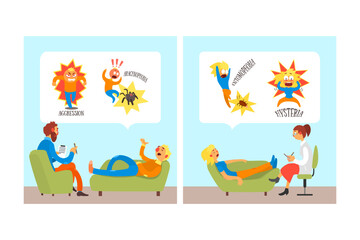 Obraz premium Different Fears and Phobia with Comic Man and Woman Afraid of Various Things Visiting Psychotherapist Vector Set