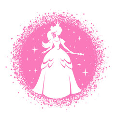 Princess silhouette standing in beautiful dress with magic wand. Pink circle frame with sparkles. Charming fairy tale girl. Cartoon vector art. Fantasy book design, child apparel print, nurcery