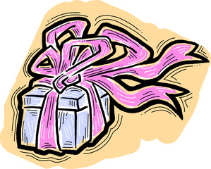Gift box with bow, hand drawn illustration. Cartoon style drawing. Decorative element for poster print, Christmas party invitation, birthday, wedding celebration, anniversary event, sale discount.