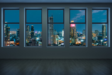 Empty room Interior Skyscrapers View Bangkok. Downtown City Skyline Buildings from High Rise Window. Beautiful Expensive Real Estate overlooking. Night time. 3d rendering.