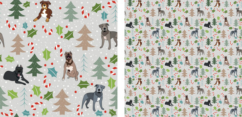 Seamless dog pattern, winter Christmas texture. Square format, t-shirt, poster, packaging, textile, socks, textile, fabric, decoration, wrapping paper. Trendy hand-drawn husky dogs, pit bull breed.