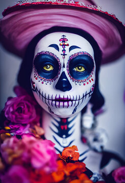 Day of the deads. Dia de los muertos. Skull Catrina portrait, Portrait of a skeleton Catrina, Mexican Celebration Skull. Female Skull. Woman with Catrina Makeup. Skull makeup