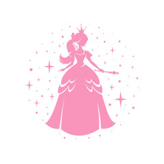 Princess silhouette in beautiful dress with magic wand. Circle frame with pink dots and sparkles. Charming fairy tale girl. Cartoon vector. Fantasy book design element, apparel print, nurcery.