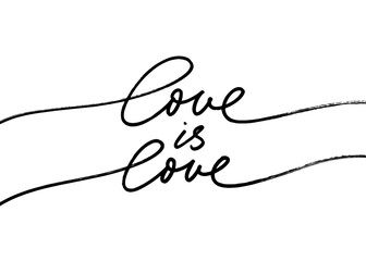 Love is love line lettering with swashes. Hand drawn LGBT slogan isolated on white background. Modern calligraphy script love text. Lettering vector lgbtq pride illustration for poster, card, banner. 