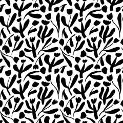 Seamless pattern with black tulip flowers. Spring vintage background, bold brush drawn wild flowers. Decorative ornament in naive design style. Botanical motif ornament. Hand drawn plant silhouettes.