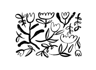 Abstract tulip stems brush drawn elements. Hand drawn vector botanical illustrations in naive style. Sketchy style simple wild flowers with curved stems. Black ink painted elements for design.