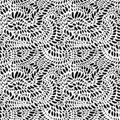 Sketchy hand-drawn blots seamless pattern. Black vector dots texture background. Blots in wave shapes. Organic maze lines pattern. Monochrome wavy ornament. Brush drawn black strokes, small points. 