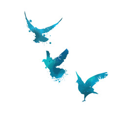 Fototapeta premium Bird watercolor. A flock of colorful birds. Blue birds from blots. Mixed media. Vector illustration