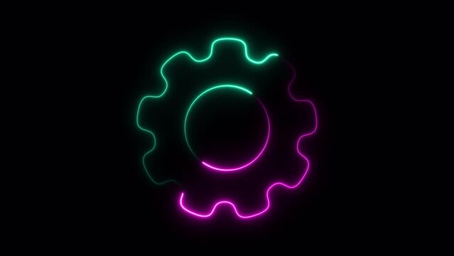 Neon spinning gears animation on transparent background. Spinning cogwheel video. Loading. Alpha channel.