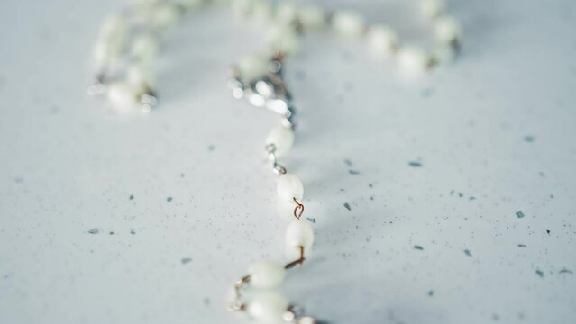 Prayer Holy Rosary With White Pearl Beads and Cross with Jesus Christ Figure