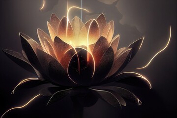 Black abstract fantasy glowing flower, magic lotus, neon. 3D illustration