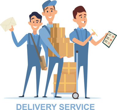 Delivery service. male characters standing with post boxes for delivering. vector cartoon people