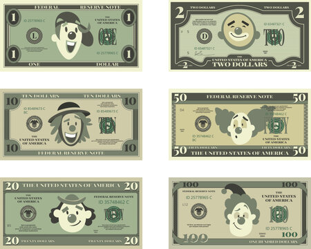 Money template. print design of money with funny clown faces. vector pictures