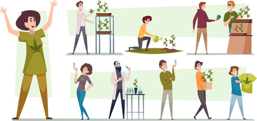 Grow cannabis. Characters smoking growing baking and protest from drugs and cannabis exact vector illustrations